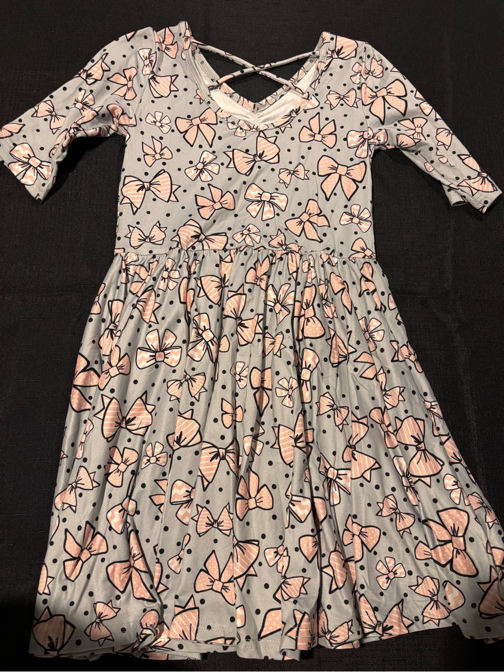 Dot Dot Smile Gray Dress with Pink Bow Print and Crisscross Back